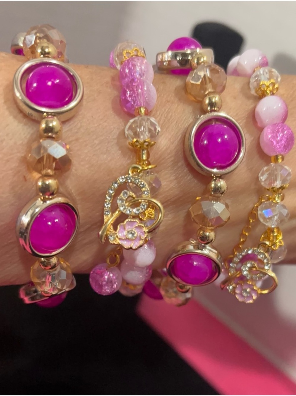 Springtime Pink Glass Beaded Linda Bracelet Set with Heart & Rose Charms - 4pc